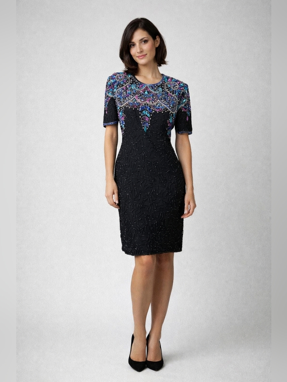 Vintage Stenay 100% Silk Black Sequined Beaded Cocktail Party Dress, Size 6